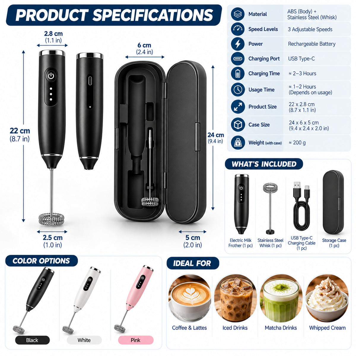 RivetNest FrothMaster Adjustable-Speed Milk Frother Kit with Storage Case