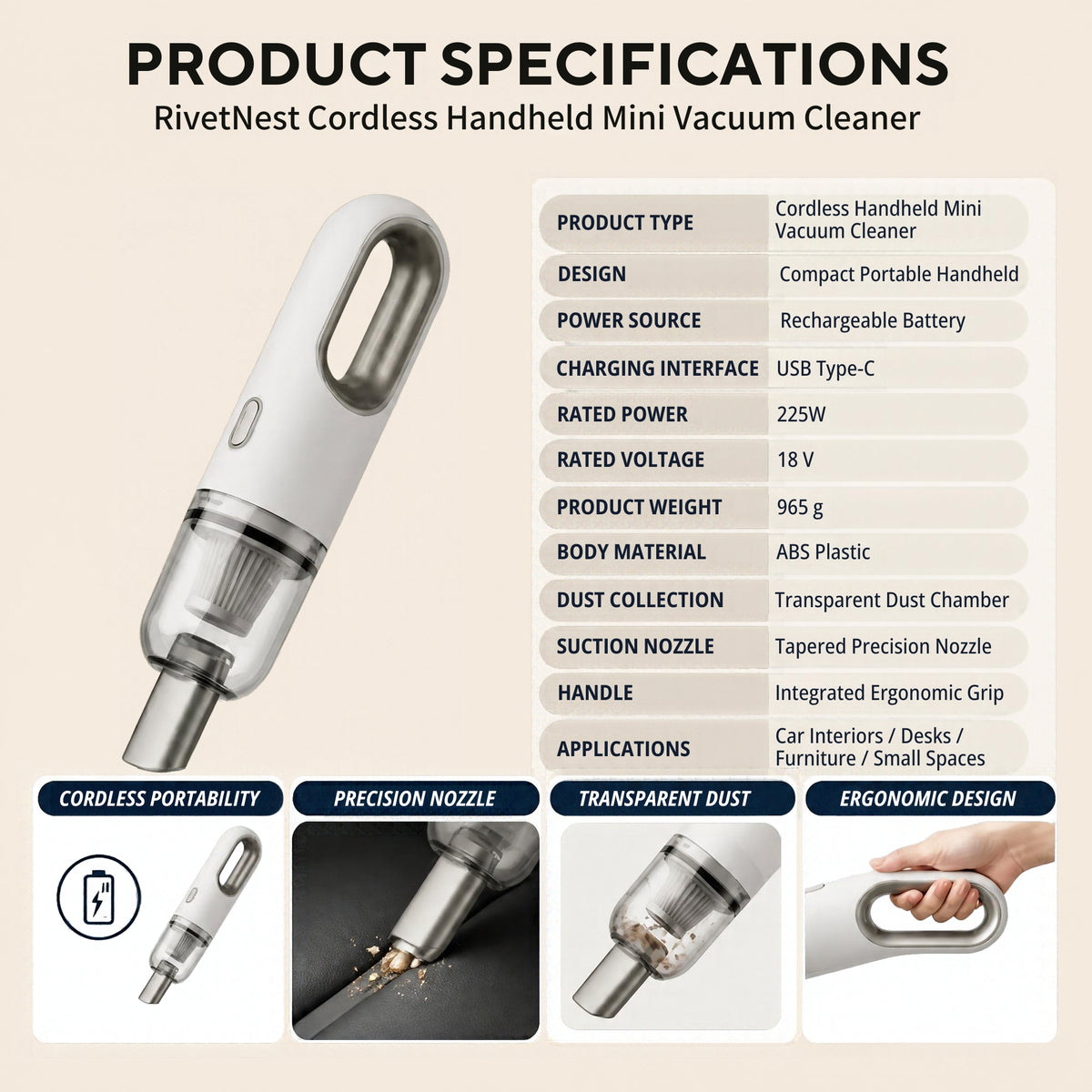 RivetNest Cordless Handheld Mini Vacuum Cleaner