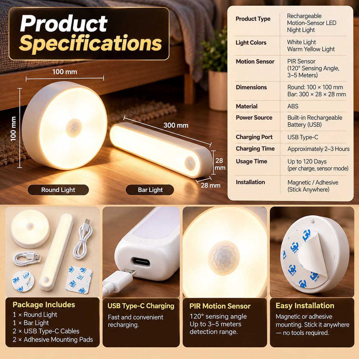 RivetNest GlowSense Rechargeable Motion Sensor Night Light Duo