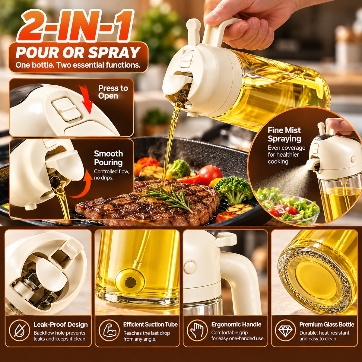 RivetNest OilFlow 2-in-1 Glass Oil Dispenser