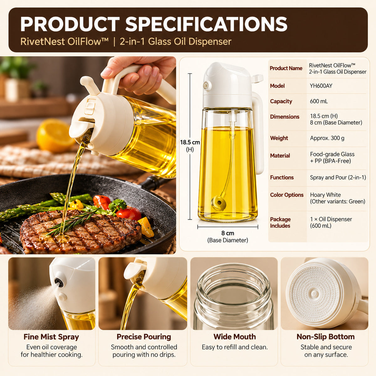 RivetNest OilFlow 2-in-1 Glass Oil Dispenser