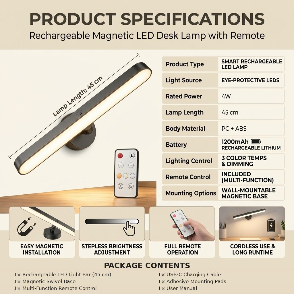 RivetNest LumiDesk Rechargeable Magnetic LED Lamp with Remote