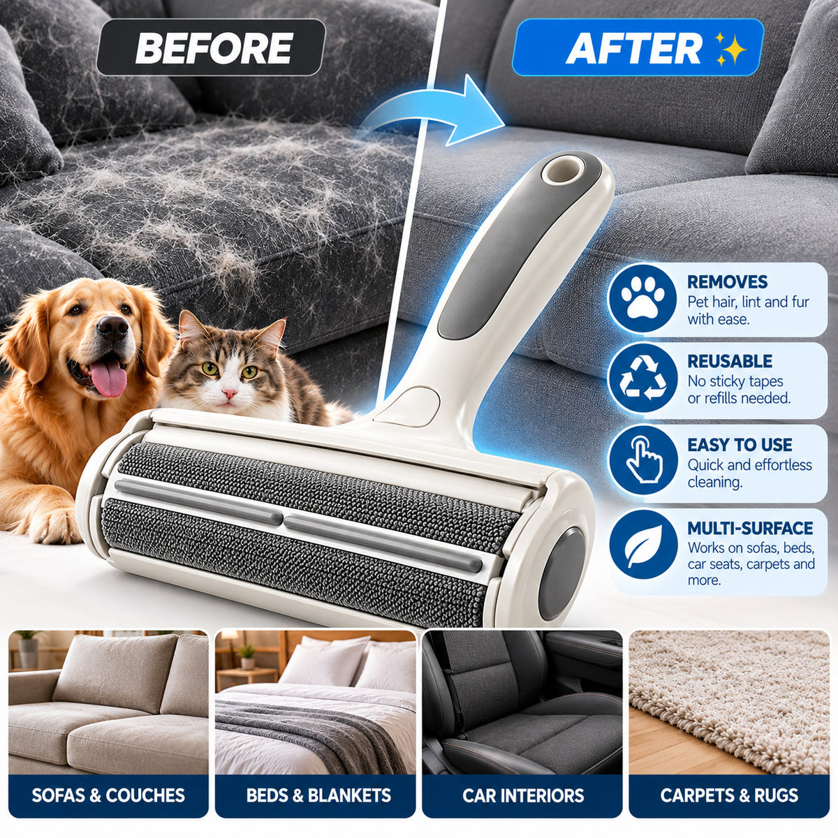 RivetNest FurAway Reusable Washable Pet Hair Remover Roller