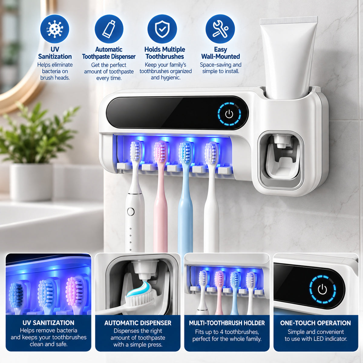 RivetNest CleanSmile UV Toothbrush Sanitizer & Automatic Toothpaste Dispenser